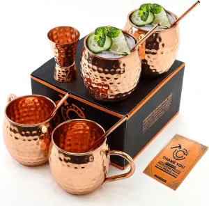 Moscow Mule Cups Set of 4 | 100% Pure Copper Food Safe 16oz Cups with 4X Pure Copper Straws and 1x Pure Jigger - Premium Moscow Mule Mugs kit