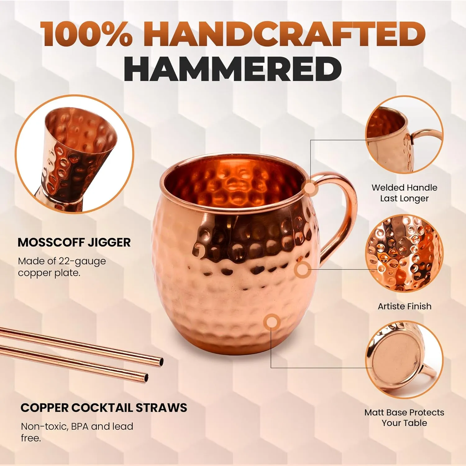 Moscow Mule Cups Set of 4 | 100% Pure Copper Food Safe 16oz Cups with 4X Pure Copper Straws and 1x Pure Jigger - Premium Moscow Mule Mugs kit