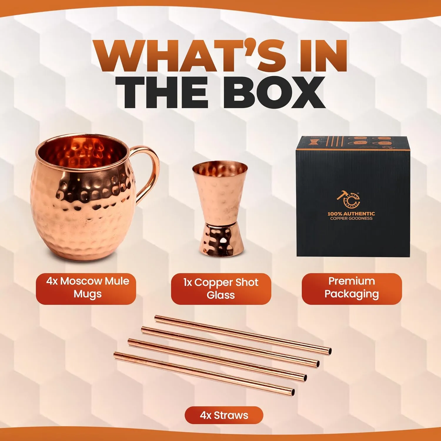 Moscow Mule Cups Set of 4 | 100% Pure Copper Food Safe 16oz Cups with 4X Pure Copper Straws and 1x Pure Jigger - Premium Moscow Mule Mugs kit