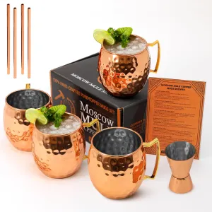 Moscow Mule Cups Set of 4 | 100% Pure Copper Plated 16 OZ Hammered Copper Cups with 304 Stainless Steel Lining and Brass Handles with 4X Straws and 1x Jigger For Cold Drinks, Beer, Wine, Bars, Parties
