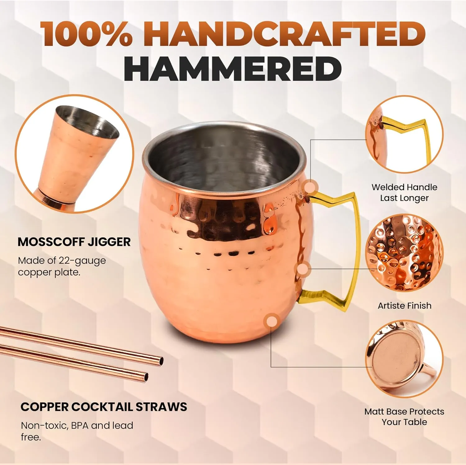 Moscow Mule Cups Set of 4 | 100% Pure Copper Plated 16 OZ Hammered Copper Cups with 304 Stainless Steel Lining and Brass Handles with 4X Straws and 1x Jigger For Cold Drinks, Beer, Wine, Bars, Parties