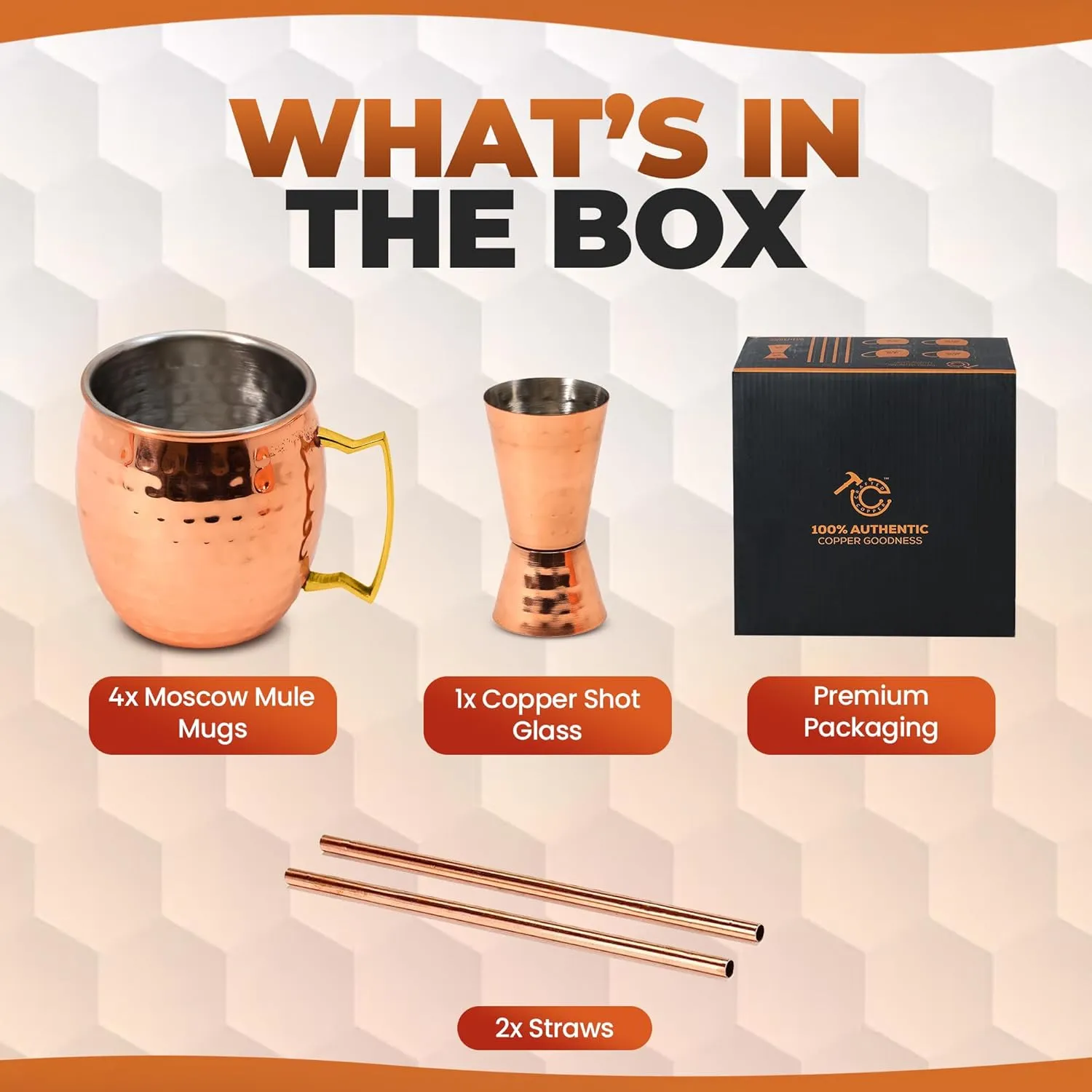 Moscow Mule Cups Set of 4 | 100% Pure Copper Plated 16 OZ Hammered Copper Cups with 304 Stainless Steel Lining and Brass Handles with 4X Straws and 1x Jigger For Cold Drinks, Beer, Wine, Bars, Parties