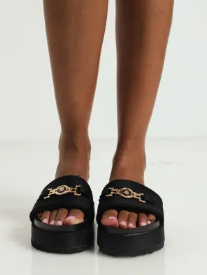 Moulded Padded One Strap Flatform Sandal With Coin Link - Black