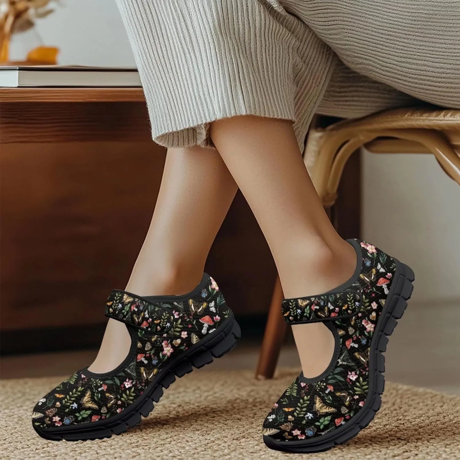Mushroom Pattern Flat Casual Womens Shoes Breathable Slip On Adjustable Soft Diabetic Shoes for Neuropathy Comfort All Day Wear