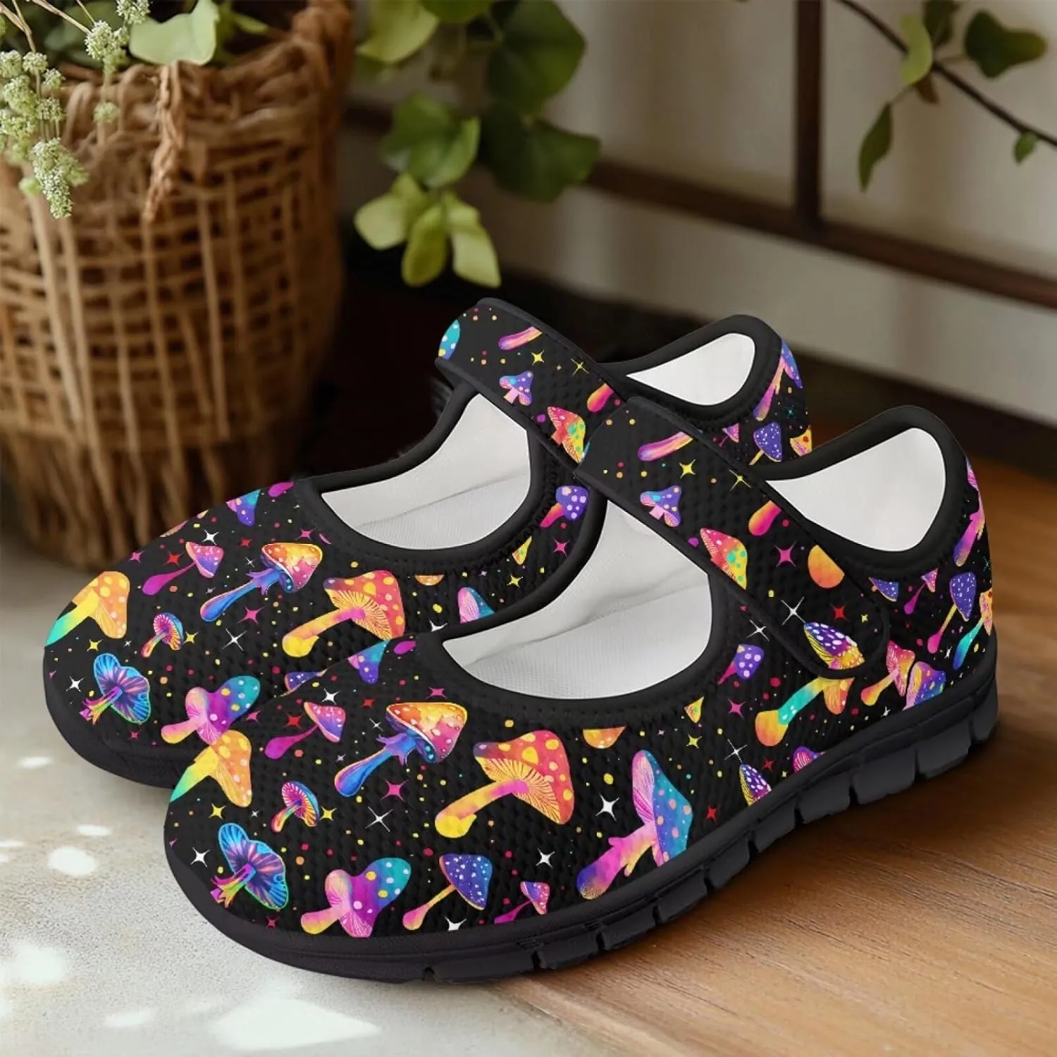 Mushroom Pattern Flat Casual Womens Shoes Breathable Slip On Adjustable Soft Diabetic Shoes for Neuropathy Comfort All Day Wear