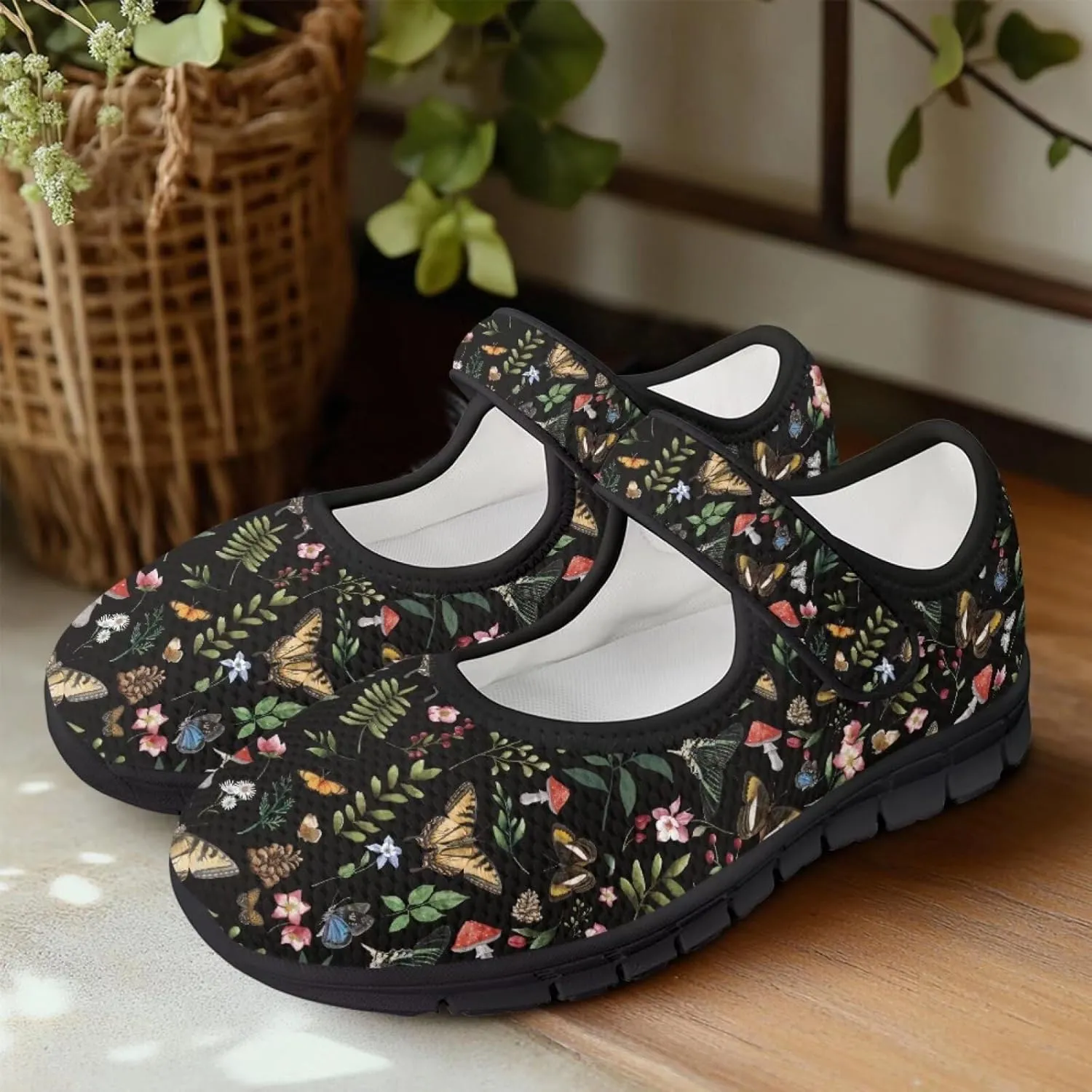 Mushroom Pattern Flat Casual Womens Shoes Breathable Slip On Adjustable Soft Diabetic Shoes for Neuropathy Comfort All Day Wear