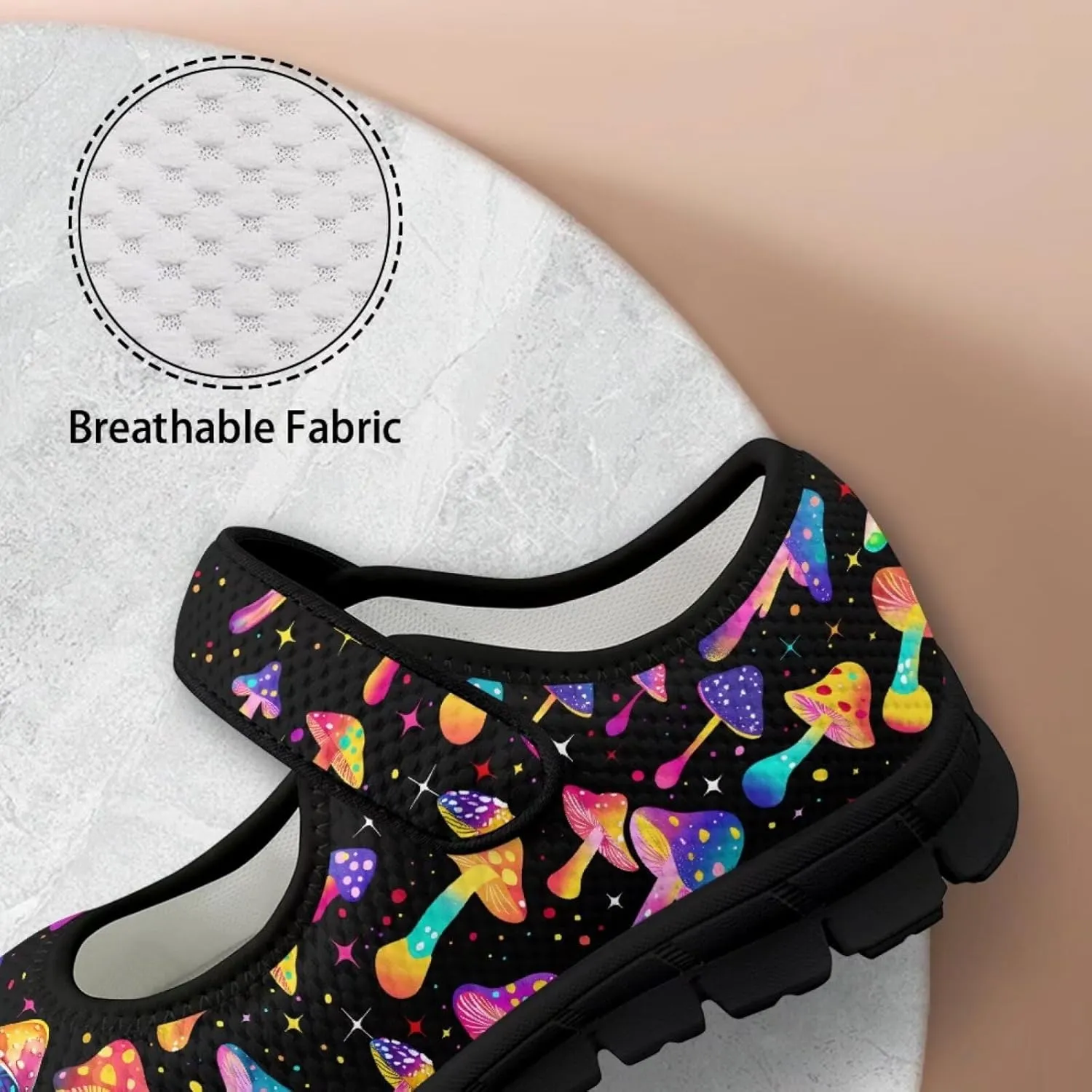 Mushroom Pattern Flat Casual Womens Shoes Breathable Slip On Adjustable Soft Diabetic Shoes for Neuropathy Comfort All Day Wear