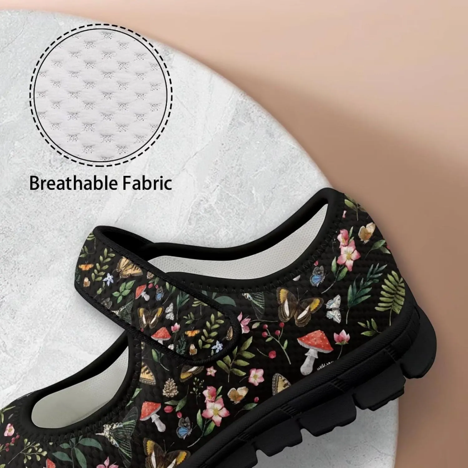 Mushroom Pattern Flat Casual Womens Shoes Breathable Slip On Adjustable Soft Diabetic Shoes for Neuropathy Comfort All Day Wear