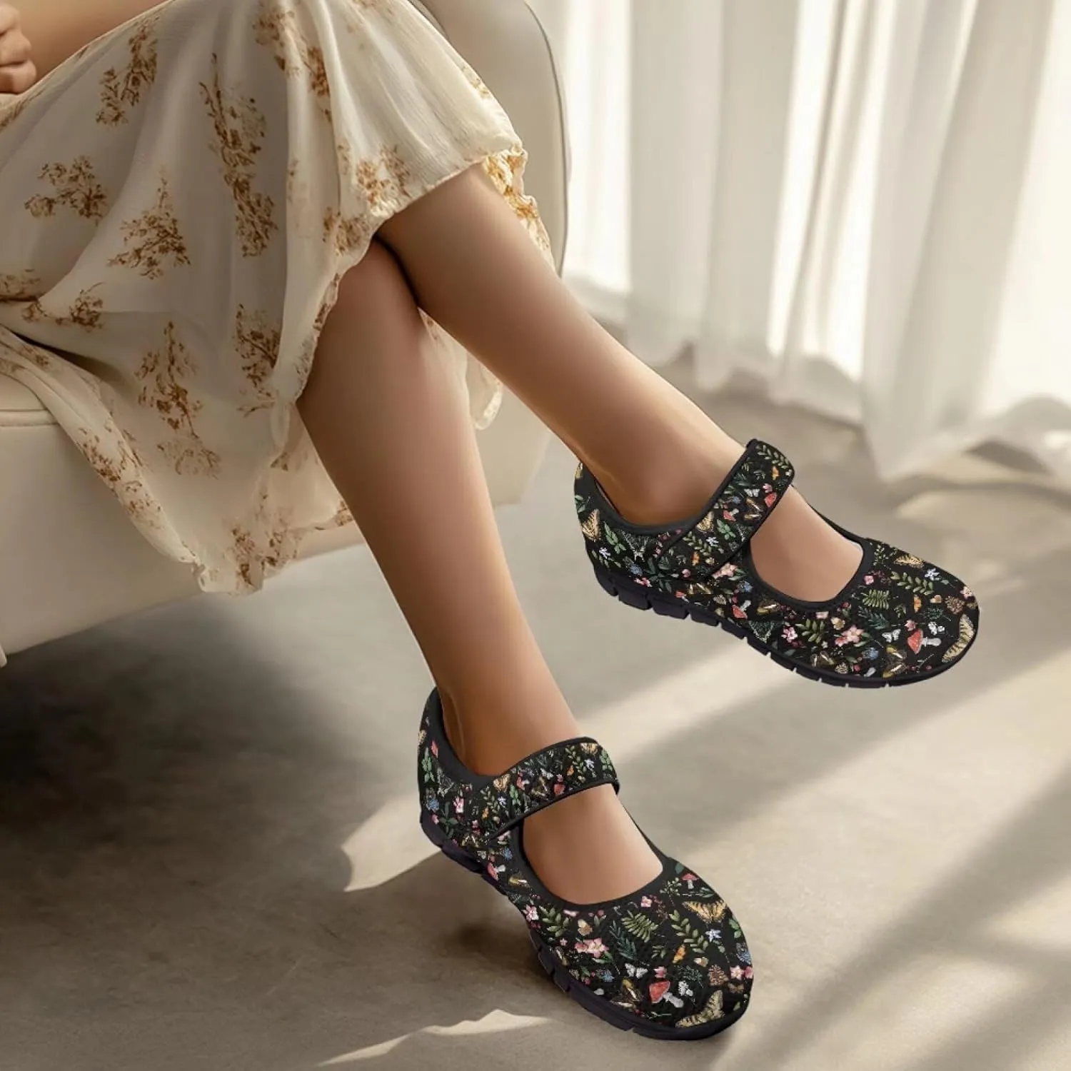 Mushroom Pattern Flat Casual Womens Shoes Breathable Slip On Adjustable Soft Diabetic Shoes for Neuropathy Comfort All Day Wear