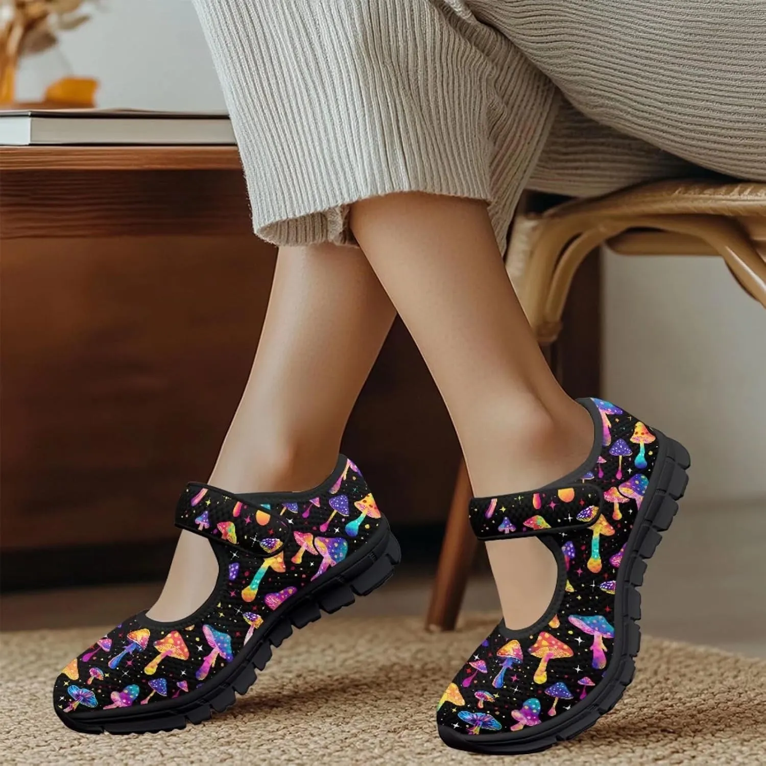 Mushroom Pattern Flat Casual Womens Shoes Breathable Slip On Adjustable Soft Diabetic Shoes for Neuropathy Comfort All Day Wear