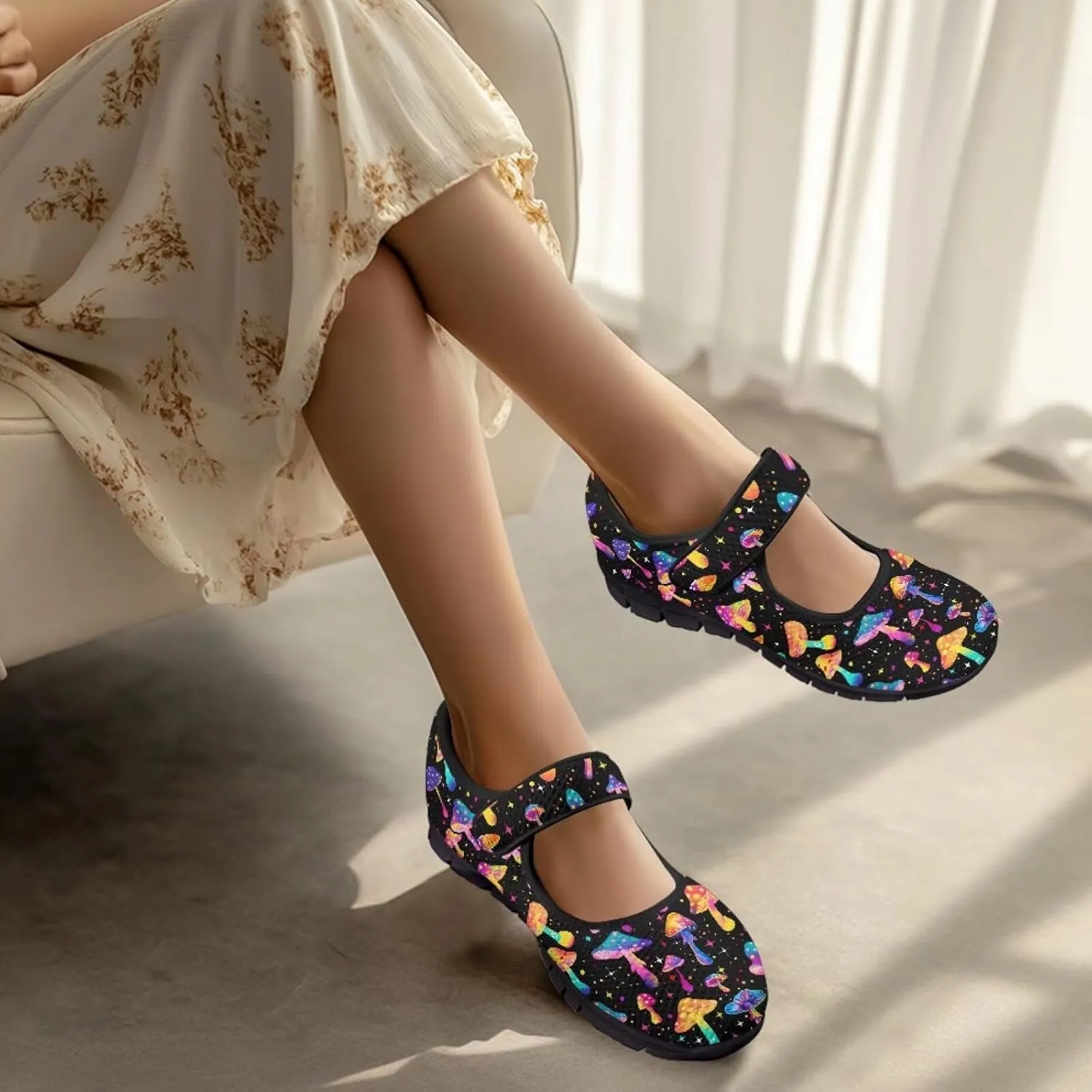 Mushroom Pattern Flat Casual Womens Shoes Breathable Slip On Adjustable Soft Diabetic Shoes for Neuropathy Comfort All Day Wear