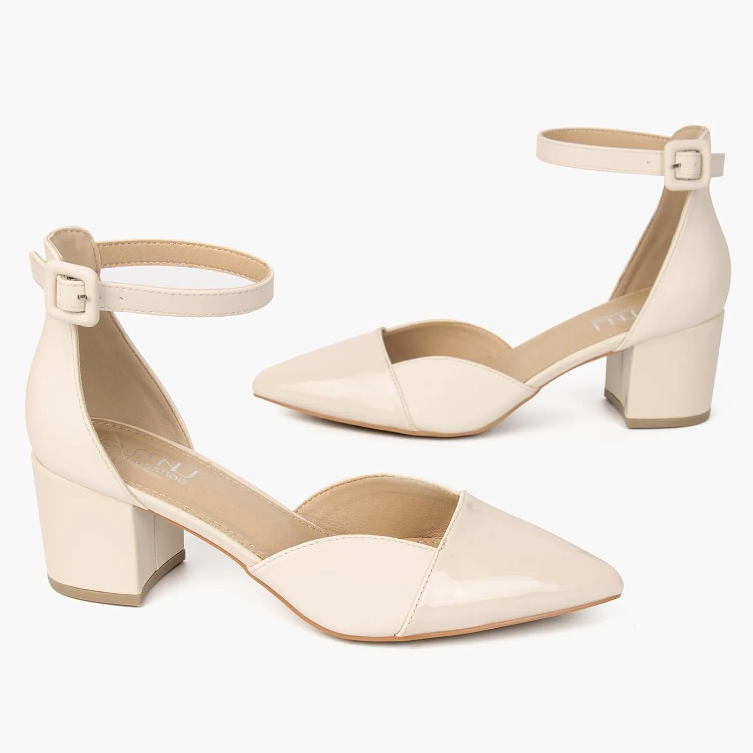 MUSSHOE Women's Pointed Toe Pumps Ankle Strap Buckle Chunky Block Heel Splicing D'Orsay Shoes