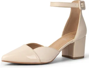 MUSSHOE Women's Pointed Toe Pumps Ankle Strap Buckle Chunky Block Heel Splicing D'Orsay Shoes