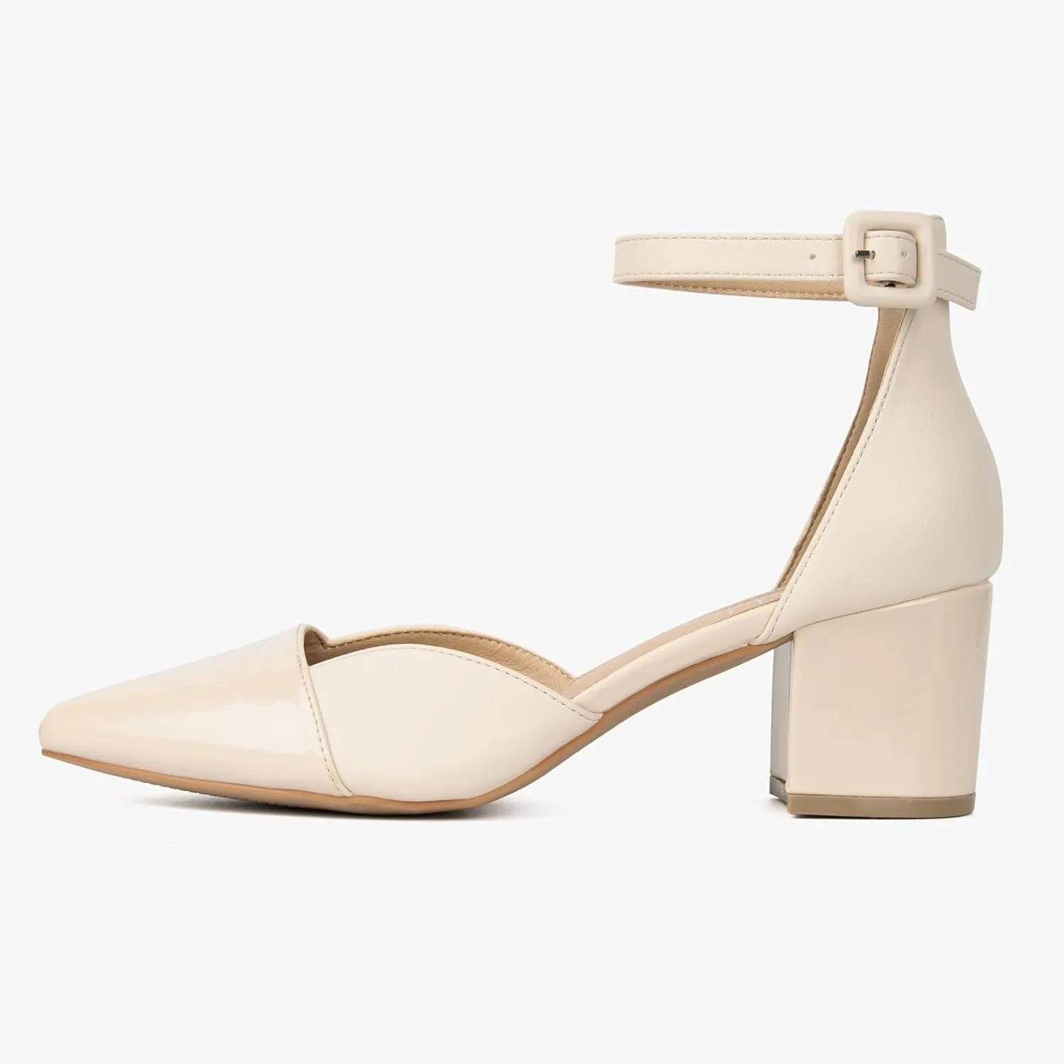 MUSSHOE Women's Pointed Toe Pumps Ankle Strap Buckle Chunky Block Heel Splicing D'Orsay Shoes