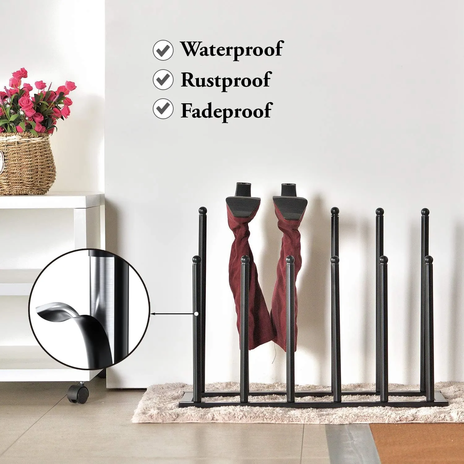 MyGift Modern Black Metal Boot Rack for Tall Boots Storage, Free Standing Entryway Shoe Rack Walk-In-Closet Boot Organizer with 12 Long Posts, Holds 6 Pair