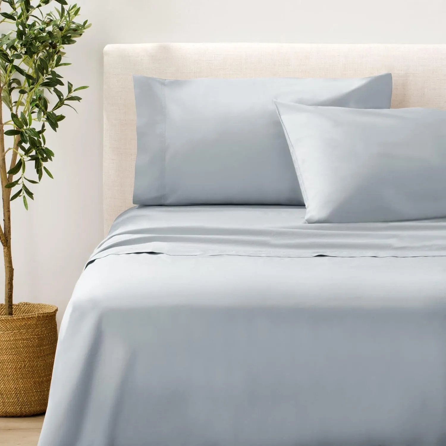 Nate Home by Nate Berkus 200TC 100% Cotton Percale 3-Piece Sheet Set | Crisp, Cool, Breathable Bedding from mDesign - Twin Size - 1 Flat Sheet/1 Fitted Sheet/1 Pillowcase, Heron (Light Blue)