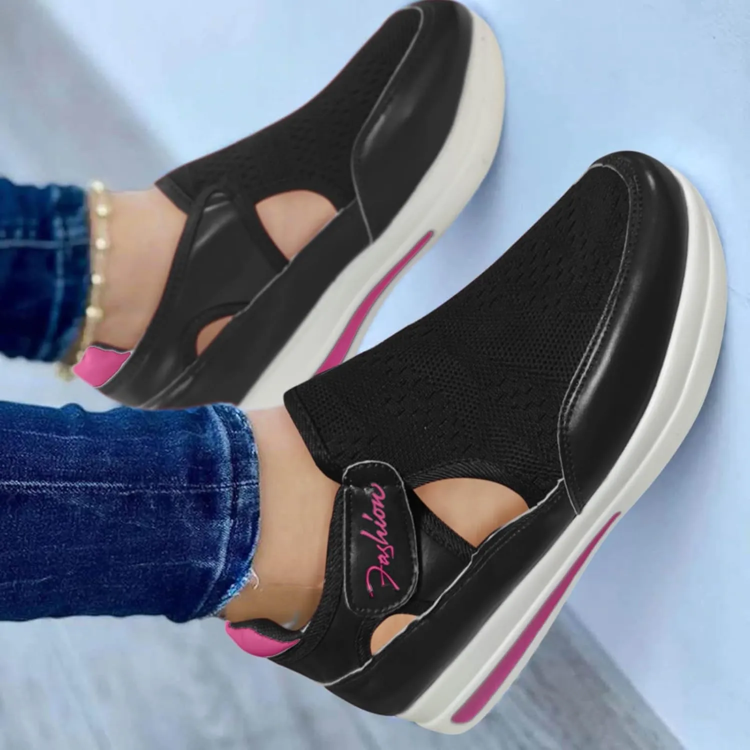 New Womens Shoes Mesh Size Hook Casual Flat Heel Shoes Comfortable Breathable Loop Arch Support Walking Shoes
