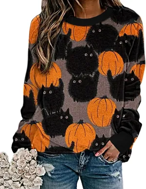 Neyaolk Pumpkin-Sweatshirt Halloween Crewneck Shirt - Cats Graphic Printed Long Sleeve Loose Pullover Top