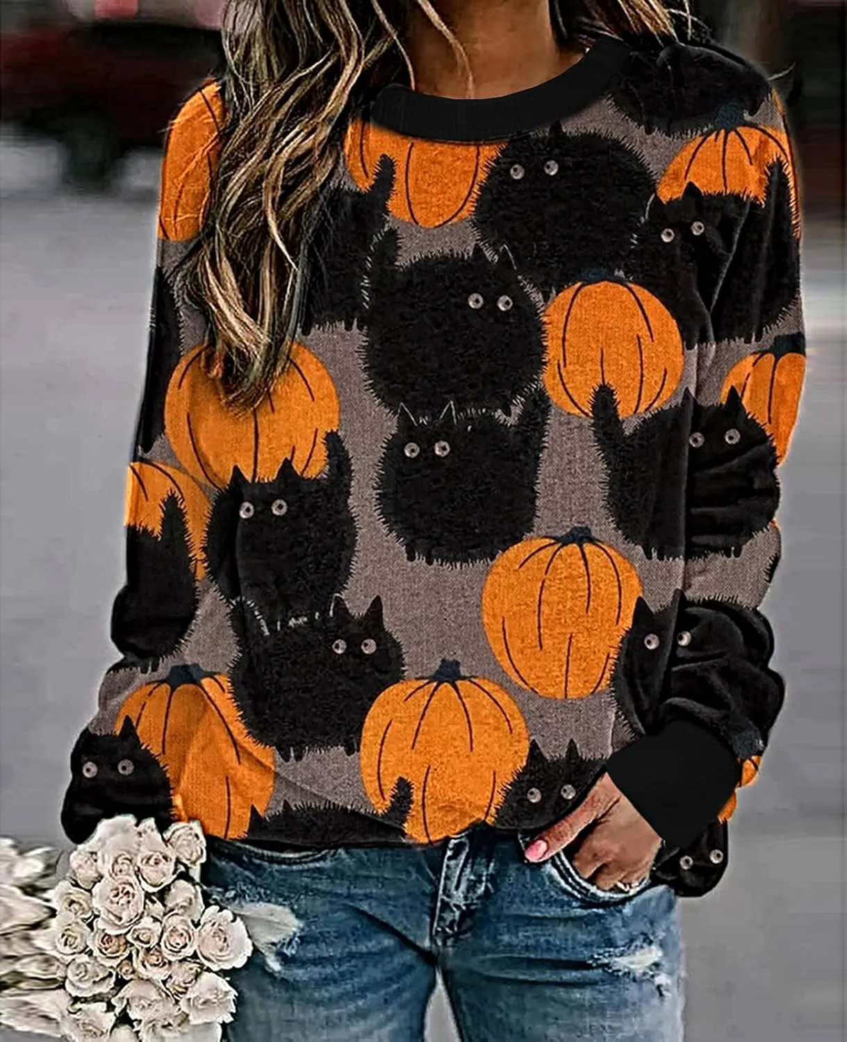 Neyaolk Pumpkin-Sweatshirt Halloween Crewneck Shirt - Cats Graphic Printed Long Sleeve Loose Pullover Top