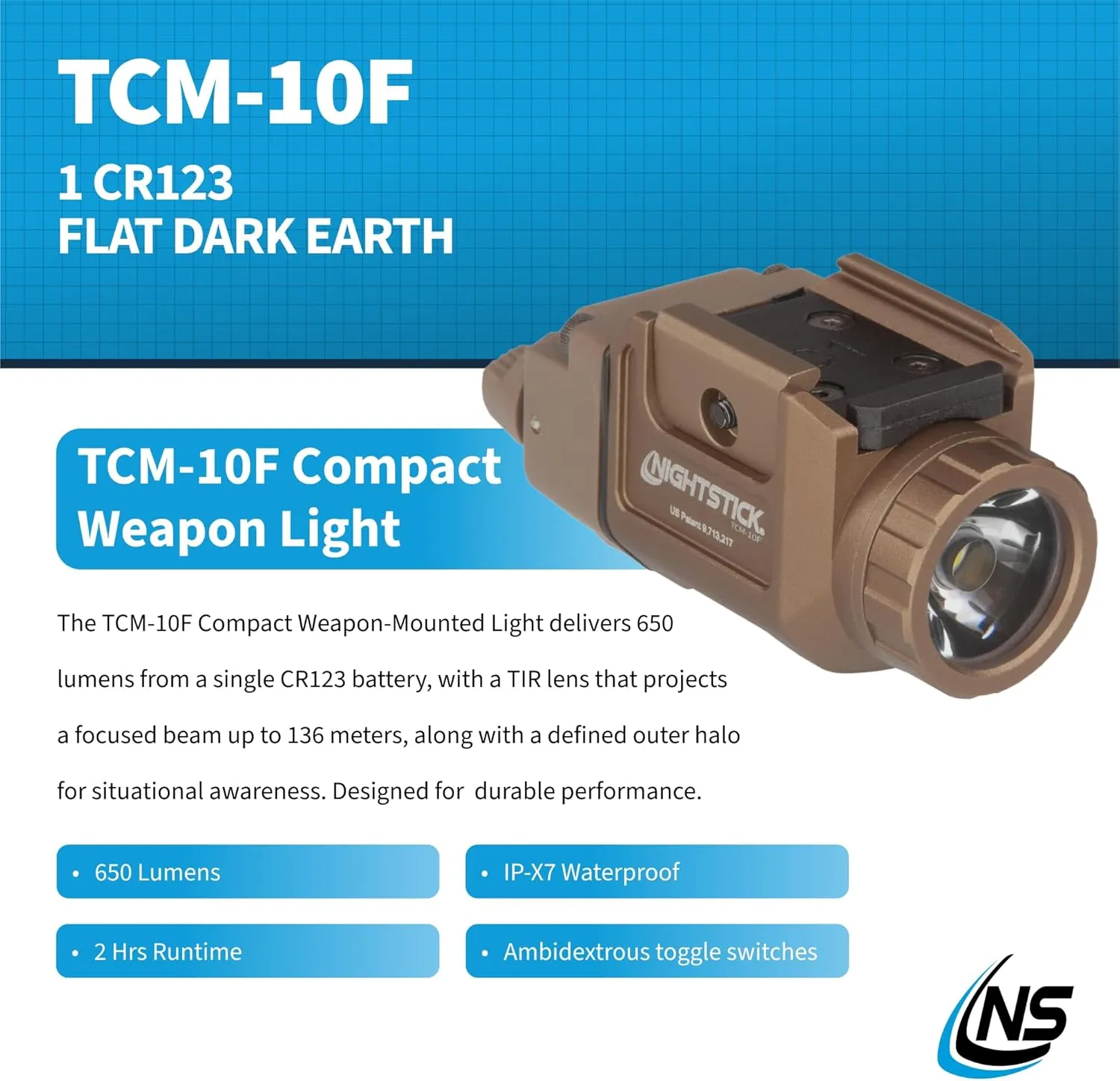 Nightstick TCM-10F Compact Handgun Light – 1 CR123 – Flat Dark Earth