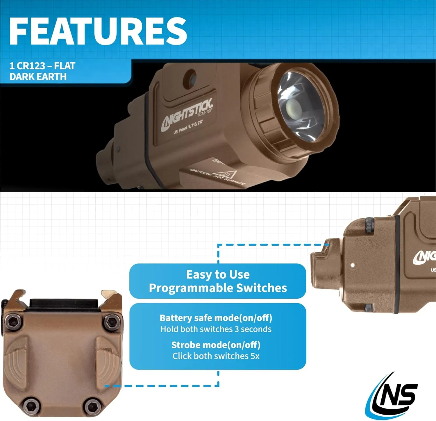 Nightstick TCM-10F Compact Handgun Light – 1 CR123 – Flat Dark Earth