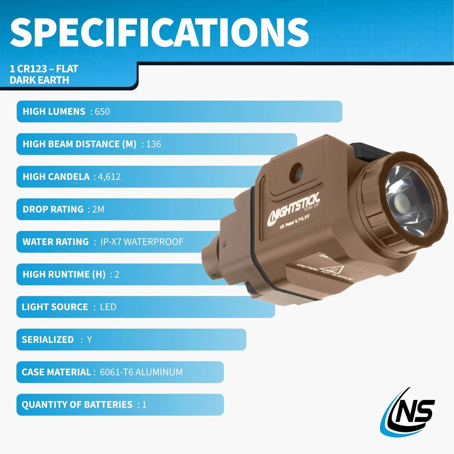 Nightstick TCM-10F Compact Handgun Light – 1 CR123 – Flat Dark Earth