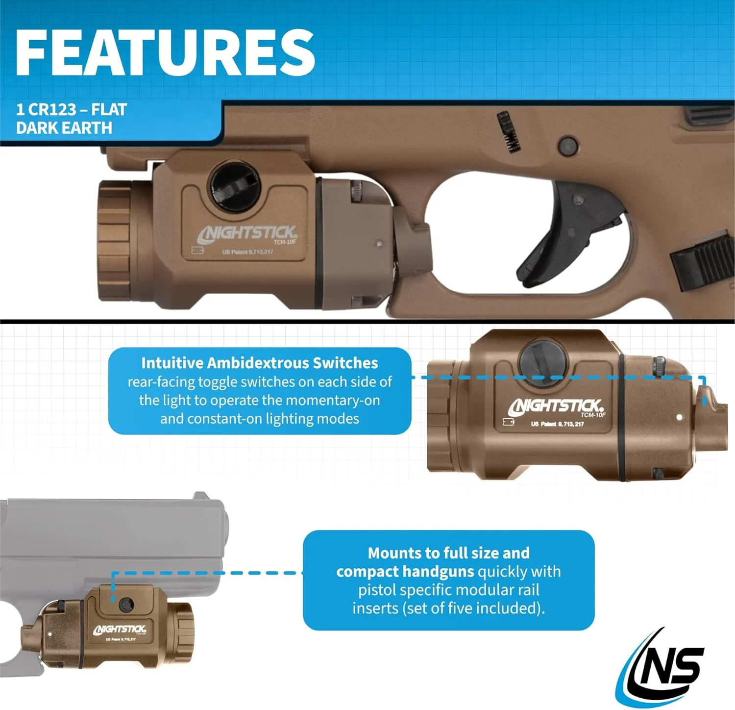 Nightstick TCM-10F Compact Handgun Light – 1 CR123 – Flat Dark Earth