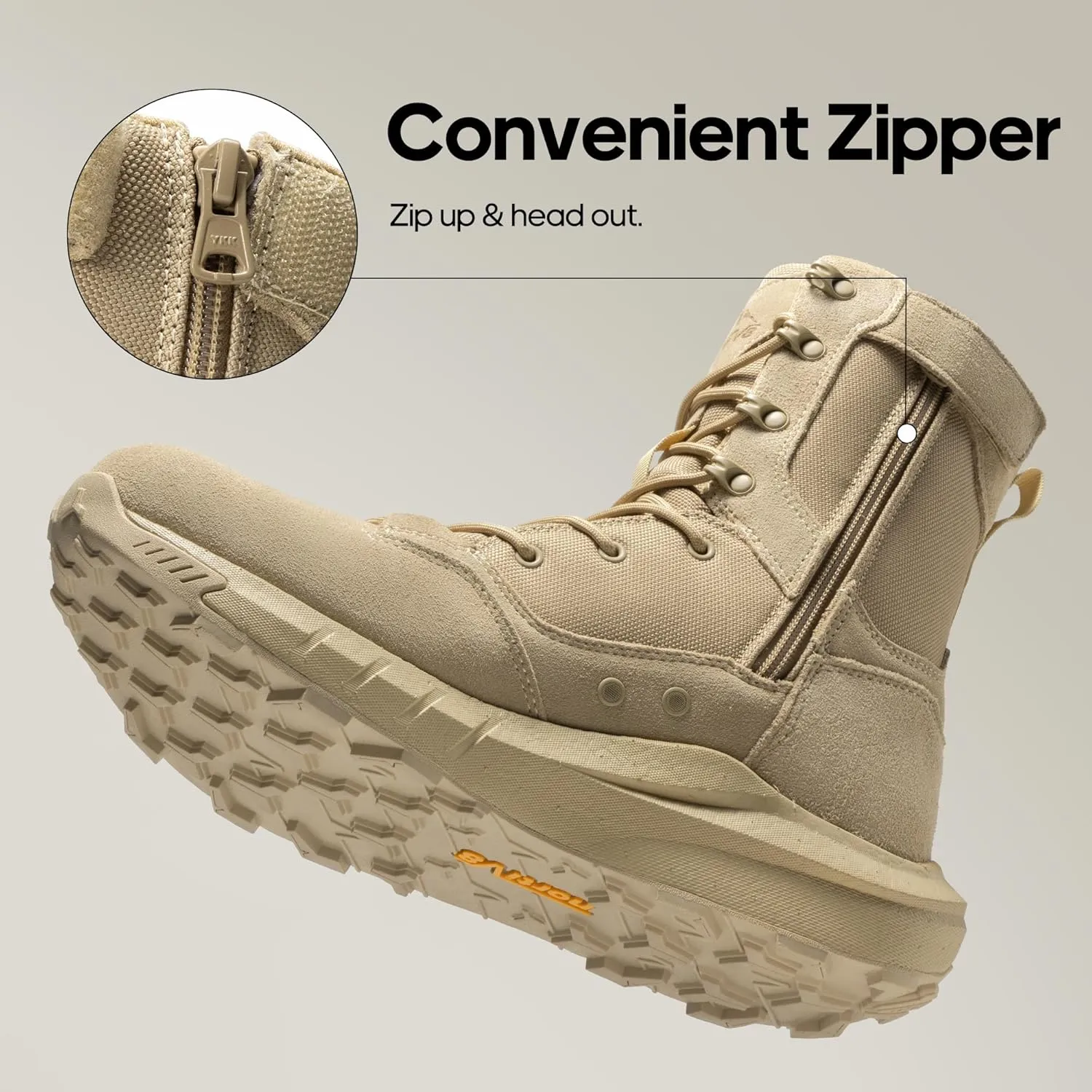 NORTIV 8 Men's Breathable Military Tactical Combat Boots Side Zipper Arch Support Leather Lightweight Motorcycle Work Hiking Boots 8 Inches DesertStorm