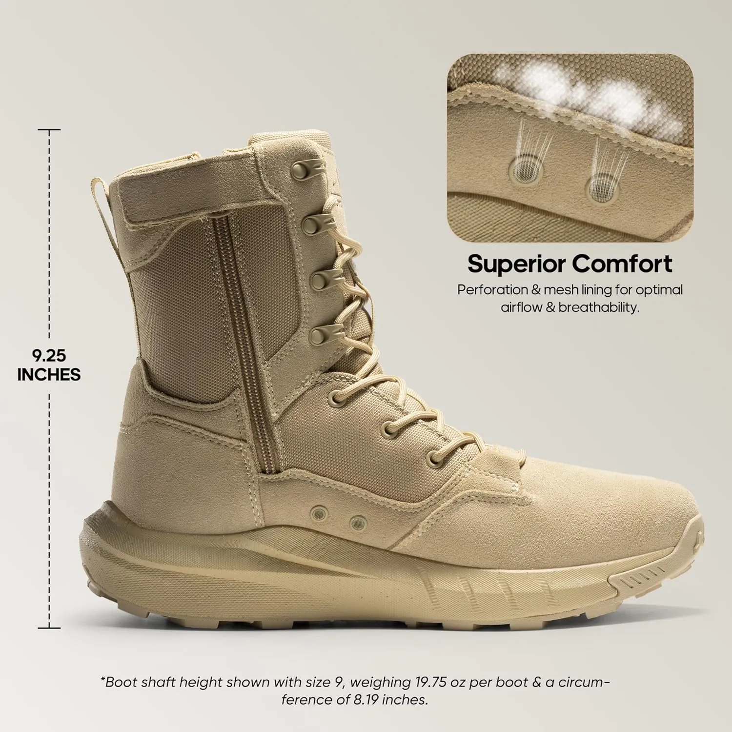 NORTIV 8 Men's Breathable Military Tactical Combat Boots Side Zipper Arch Support Leather Lightweight Motorcycle Work Hiking Boots 8 Inches DesertStorm
