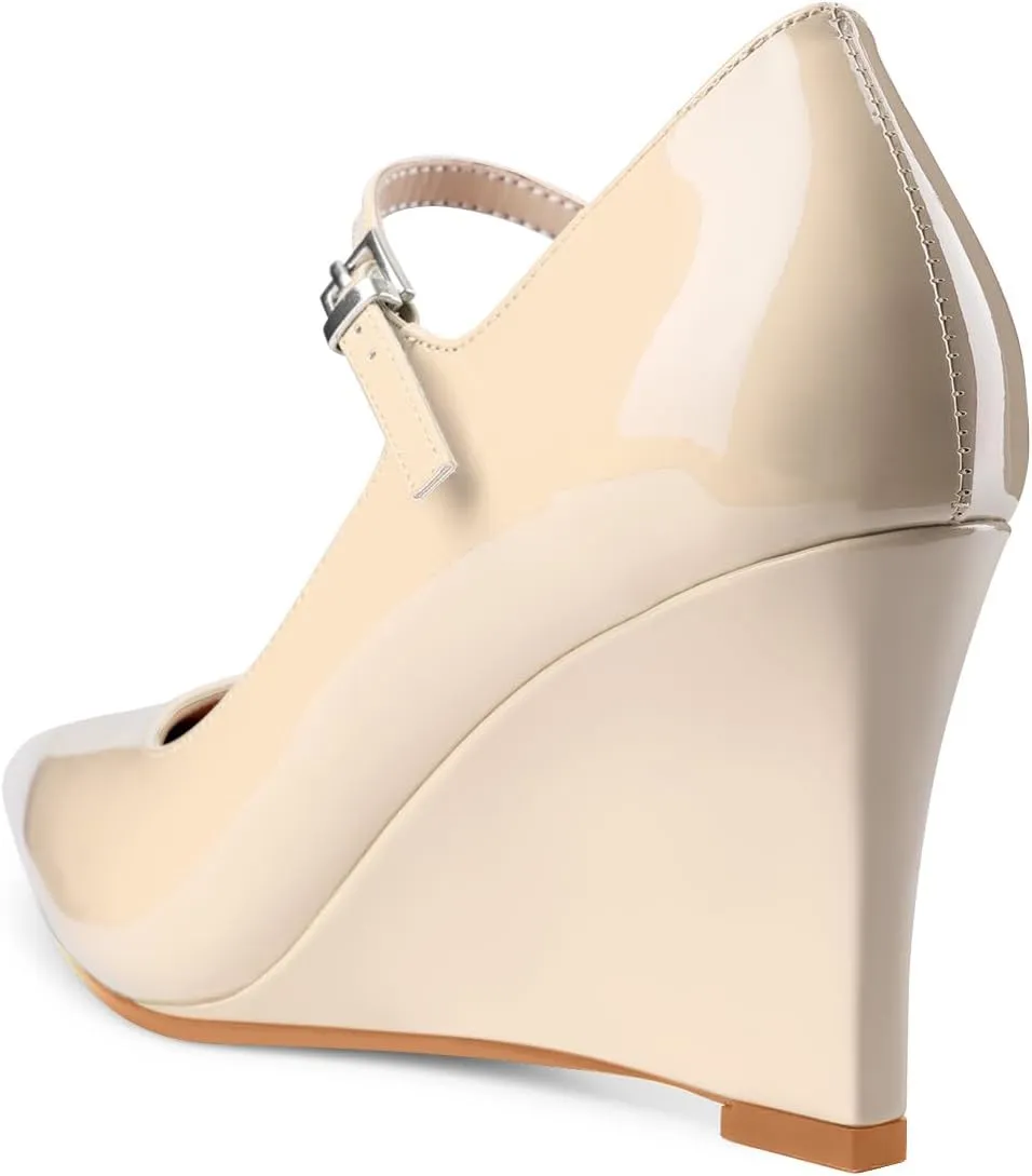 Oh Mispares Women's Wedge Heel Pumps Pointed Toe Mary Jane High Heels Adjustable Strap Elegant Closed Toe Wedding Bride Office Dress Shoes 3 Inches