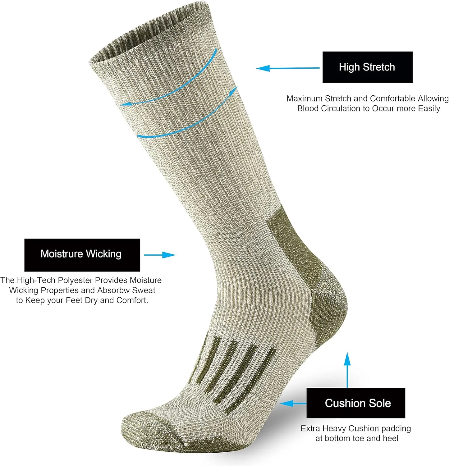 ONKE Merino Wool Cushion Crew Socks for Men Outdoor Hiking All Seasons Work Boot Heavy Thick Thermal Moisture Wicking Control