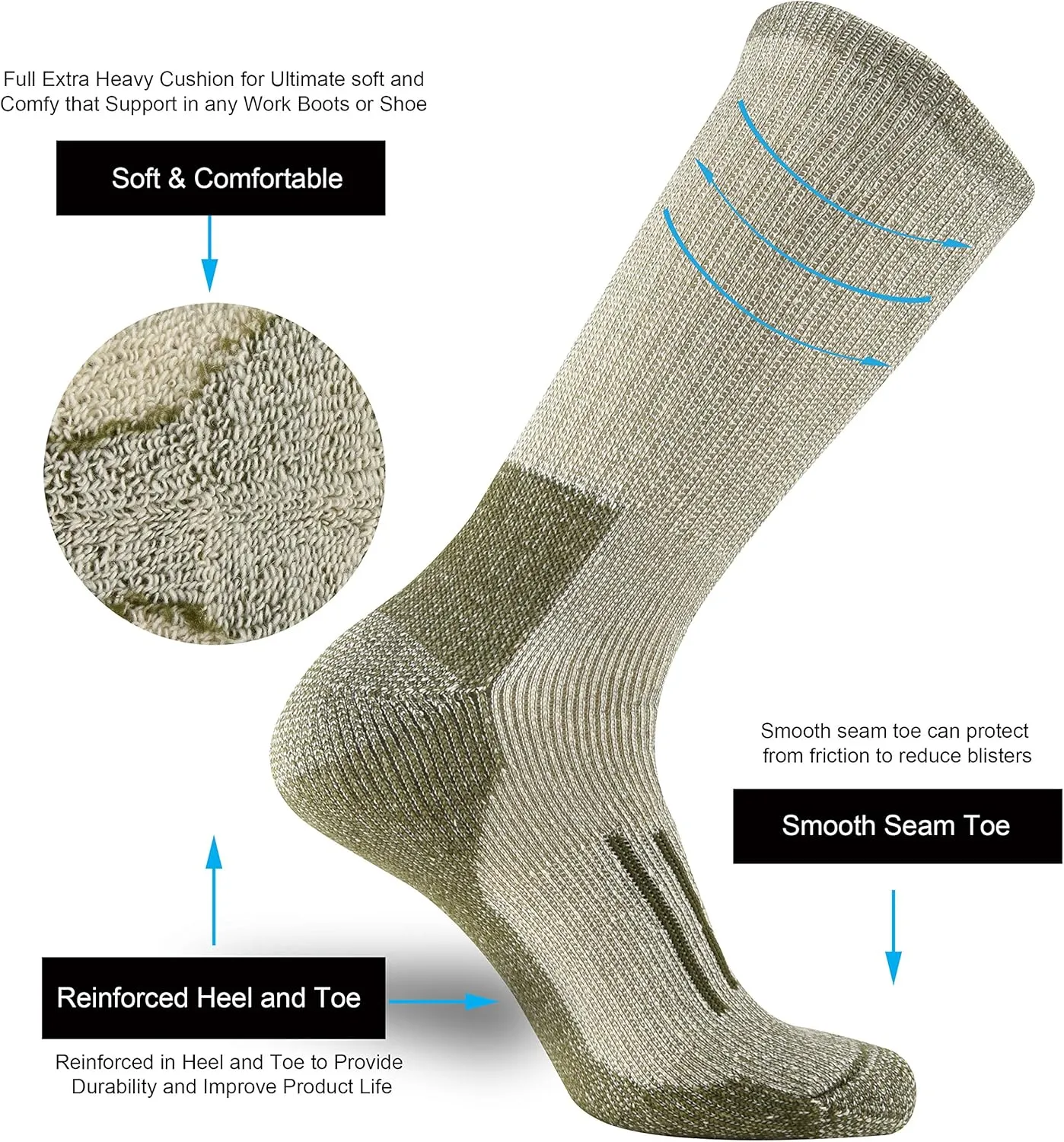 ONKE Merino Wool Cushion Crew Socks for Men Outdoor Hiking All Seasons Work Boot Heavy Thick Thermal Moisture Wicking Control