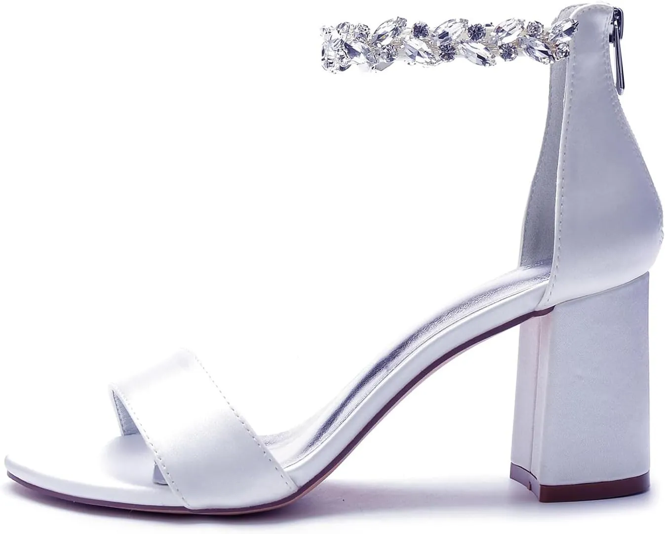 Open Toe Women's 8CM Block Heel Rhinestones Bridal Wedding Ankle Strap Shoes Adjustable Sandal Zipper Back Pump Wide for Prom Party