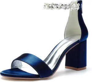 Open Toe Women's 8CM Block Heel Rhinestones Bridal Wedding Ankle Strap Shoes Adjustable Sandal Zipper Back Pump Wide for Prom Party