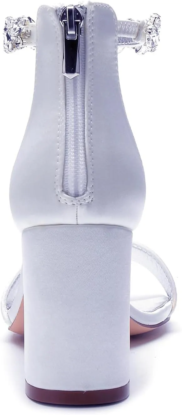 Open Toe Women's 8CM Block Heel Rhinestones Bridal Wedding Ankle Strap Shoes Adjustable Sandal Zipper Back Pump Wide for Prom Party