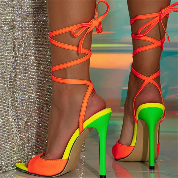 Orange Lace Up High Heel Gladiator Sandal