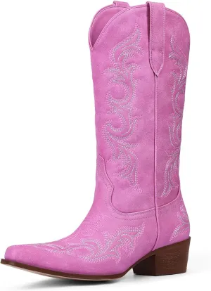 Ouepiano Cowboy Boots for Women Cowgirl Mid Calf Western Embroidered Chunky heels Pointed Toe Pull On Vintage Fashion Country Boot
