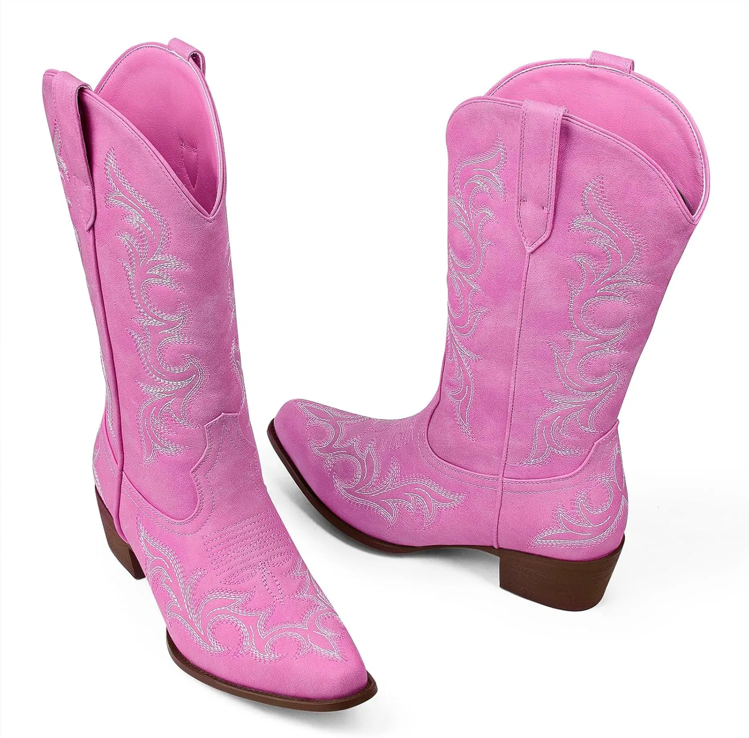 Ouepiano Cowboy Boots for Women Cowgirl Mid Calf Western Embroidered Chunky heels Pointed Toe Pull On Vintage Fashion Country Boot