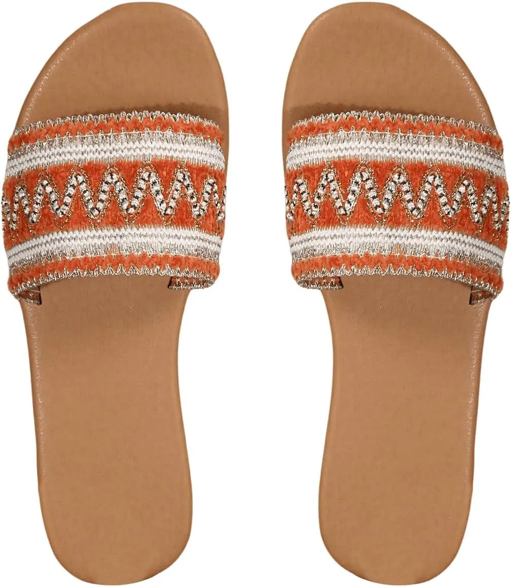 OYOANGLE Women's Boho Style Embroidered Flat Sandals Slide Sandals Fashion Flat Sandals Beach Slippers