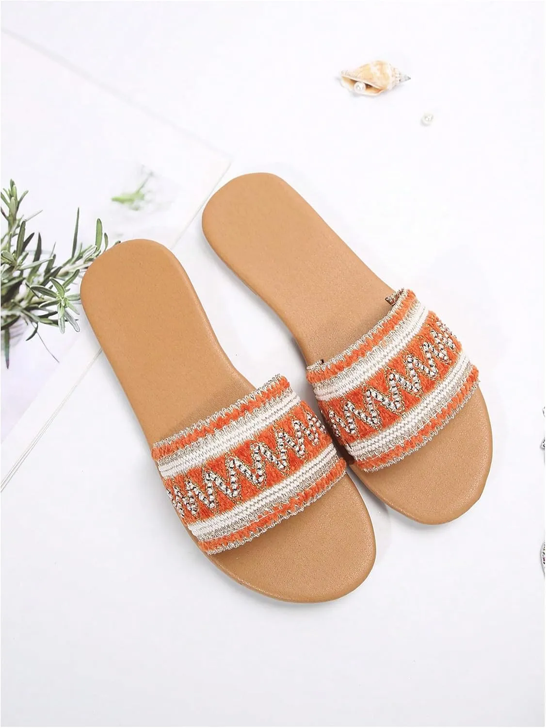 OYOANGLE Women's Boho Style Embroidered Flat Sandals Slide Sandals Fashion Flat Sandals Beach Slippers