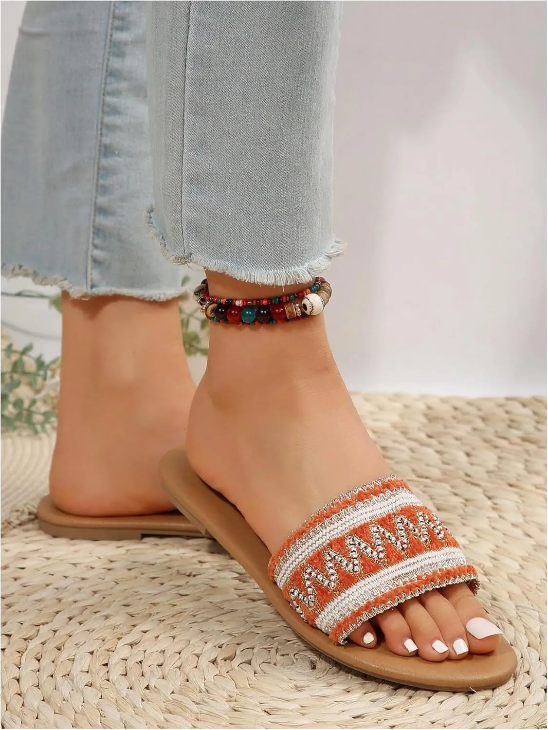 OYOANGLE Women's Boho Style Embroidered Flat Sandals Slide Sandals Fashion Flat Sandals Beach Slippers