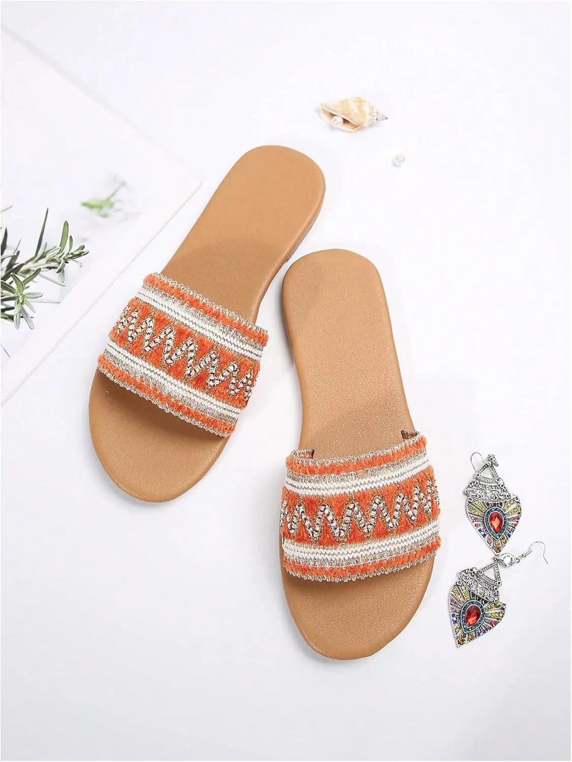 OYOANGLE Women's Boho Style Embroidered Flat Sandals Slide Sandals Fashion Flat Sandals Beach Slippers
