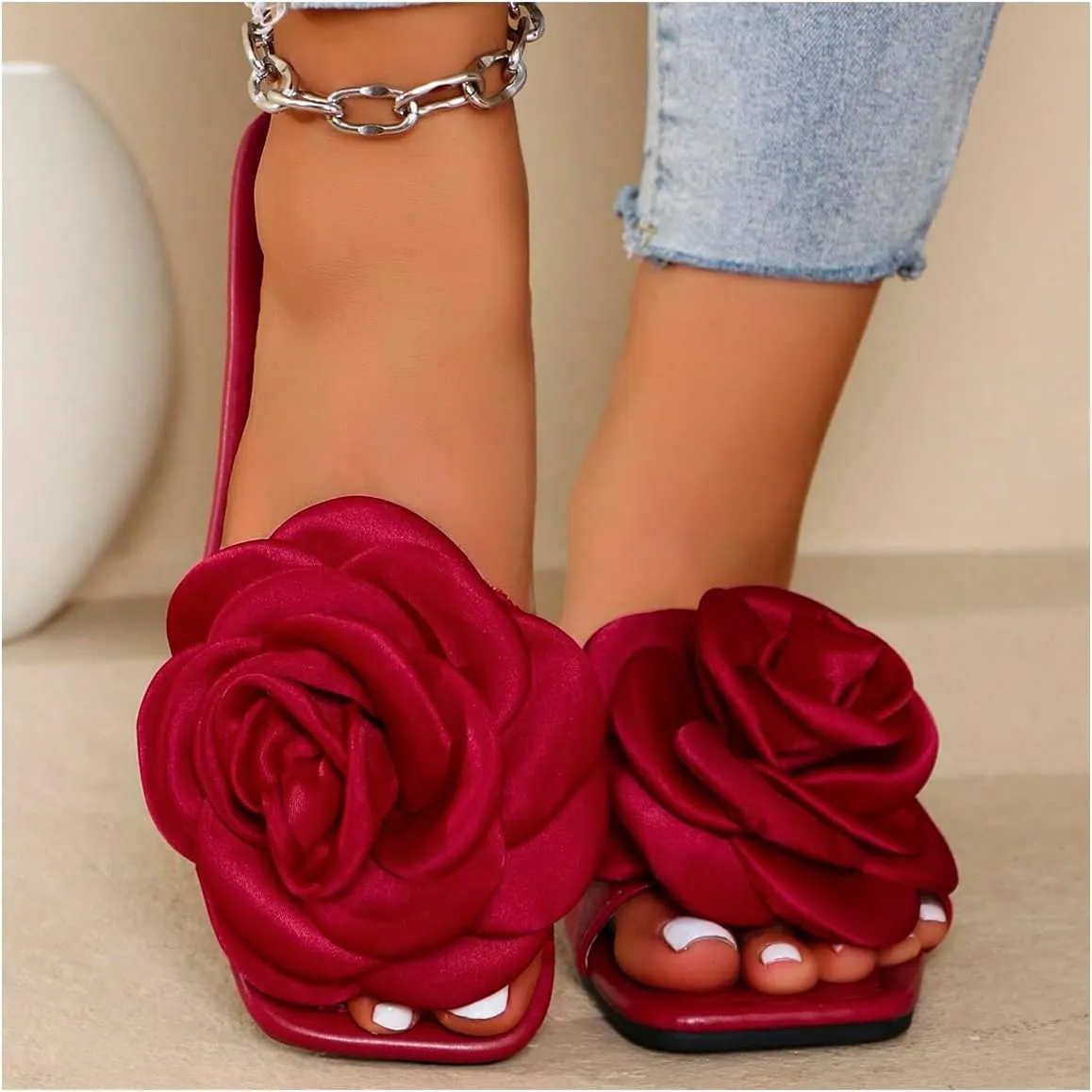 OYOANGLE Women's Leather 3D Flower Sandals Square Open Toe Single Band Flat Slides Vintage Elegant Slip On Shoes