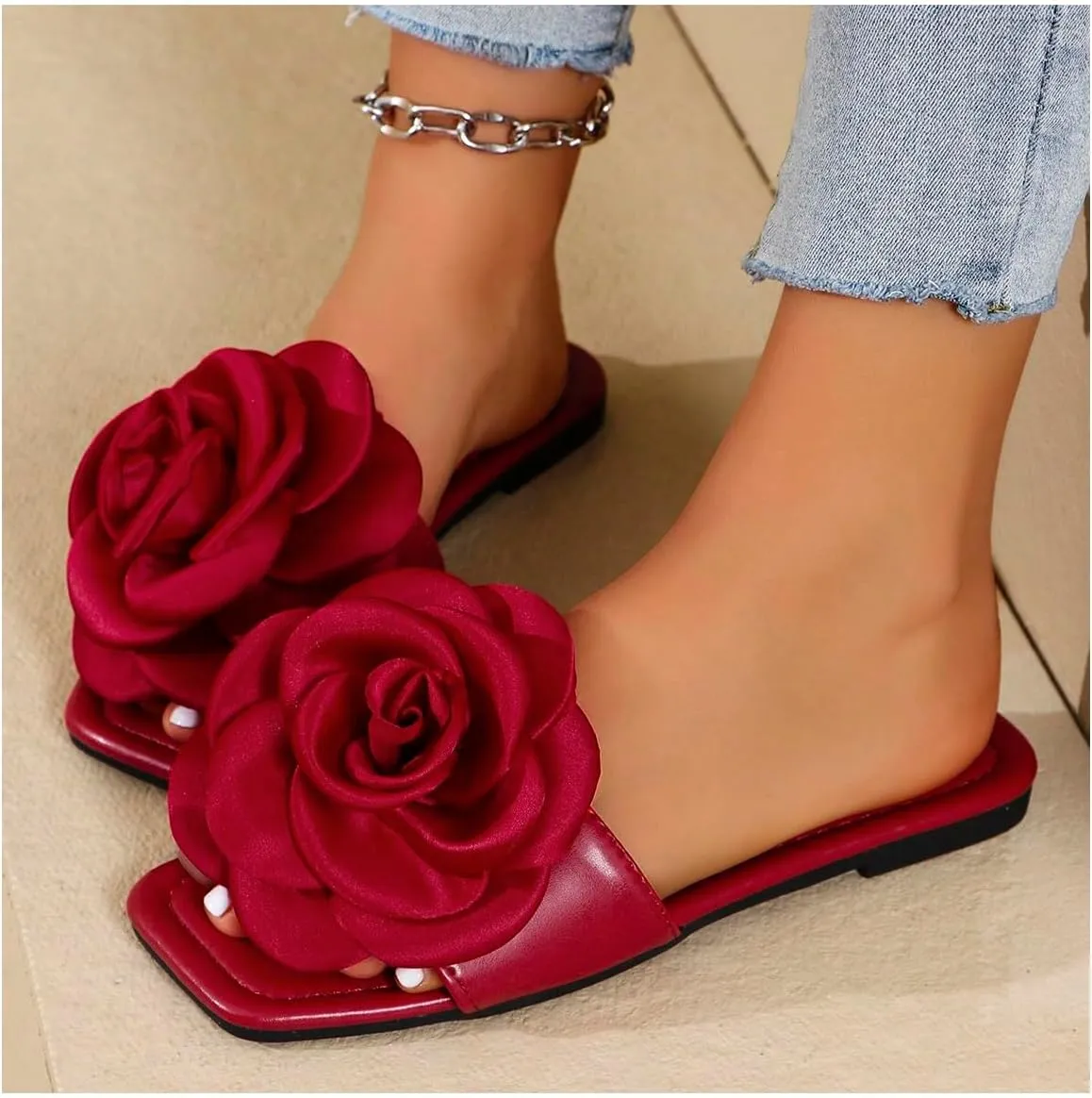 OYOANGLE Women's Leather 3D Flower Sandals Square Open Toe Single Band Flat Slides Vintage Elegant Slip On Shoes