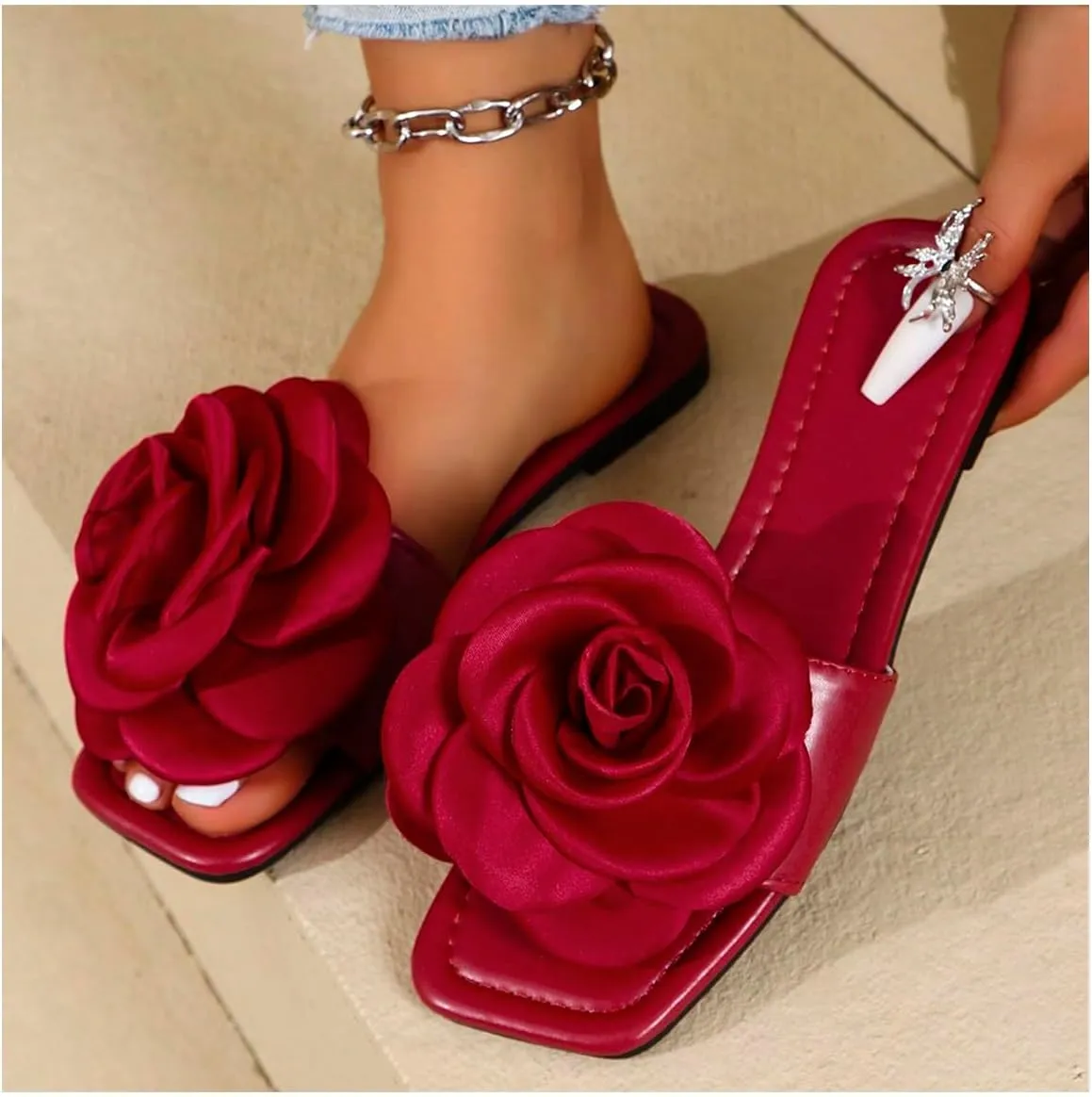 OYOANGLE Women's Leather 3D Flower Sandals Square Open Toe Single Band Flat Slides Vintage Elegant Slip On Shoes