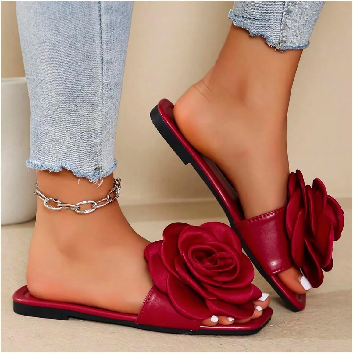 OYOANGLE Women's Leather 3D Flower Sandals Square Open Toe Single Band Flat Slides Vintage Elegant Slip On Shoes