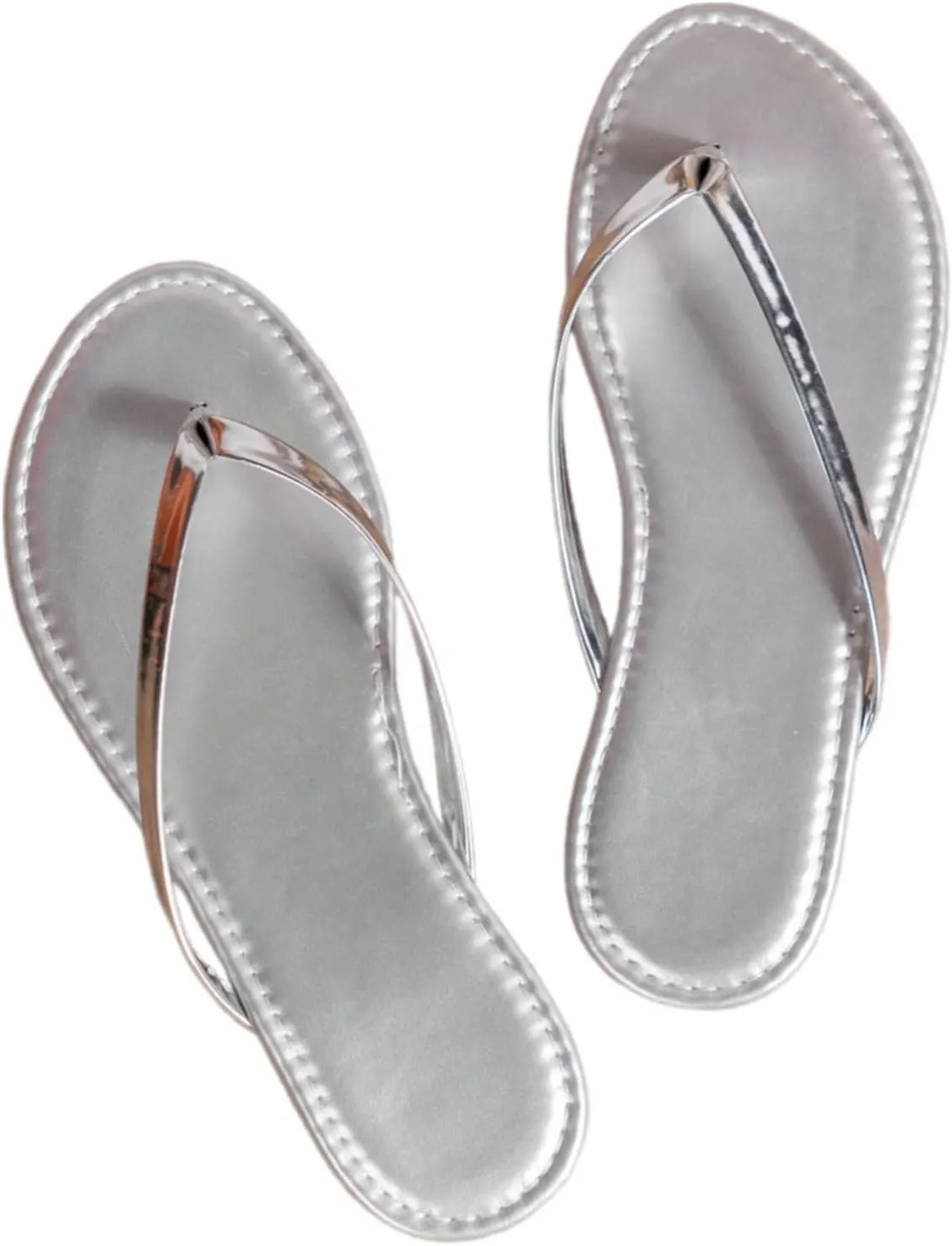 OYOANGLE Women's Metallic Flip Flops Toe Post Thong Sandals Breathable Vacation Beach Slip on Flat Sandals