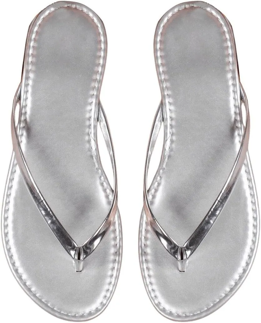 OYOANGLE Women's Metallic Flip Flops Toe Post Thong Sandals Breathable Vacation Beach Slip on Flat Sandals