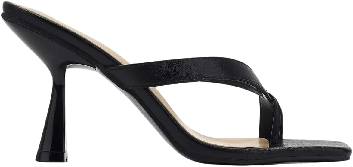 OYOANGLE Women's Square Toe Heeled Sandals Toe Ring Cross Strap Flip Flop Elegant High Stiletto Heels
