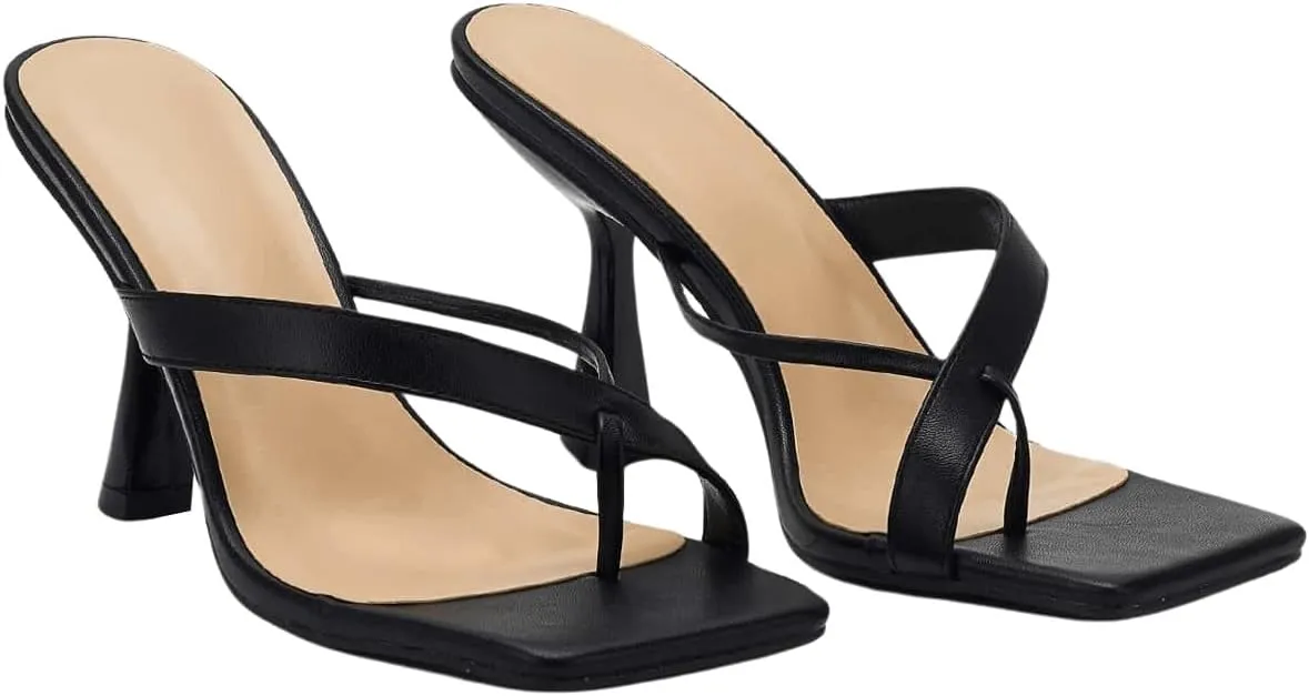 OYOANGLE Women's Square Toe Heeled Sandals Toe Ring Cross Strap Flip Flop Elegant High Stiletto Heels